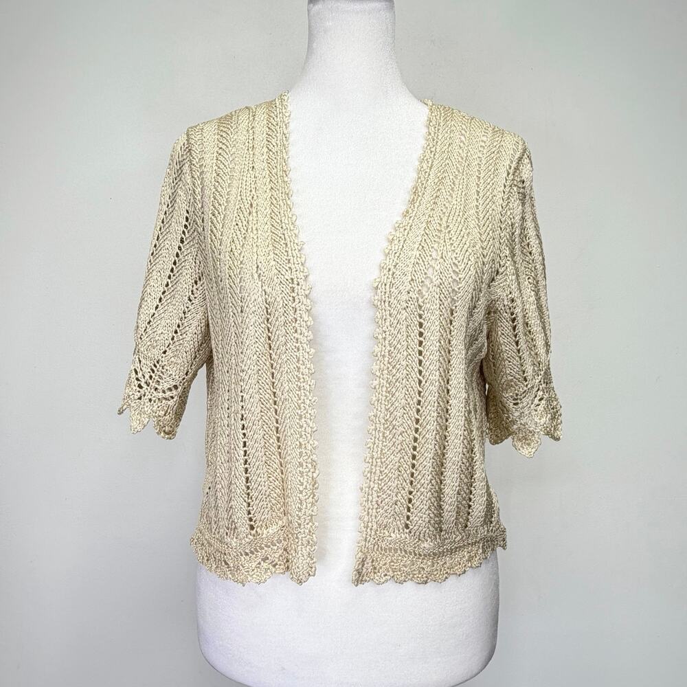 RALPH LAUREN Silk Crochet Cardigan Open Front Beige Womens L Cottagecore Boho